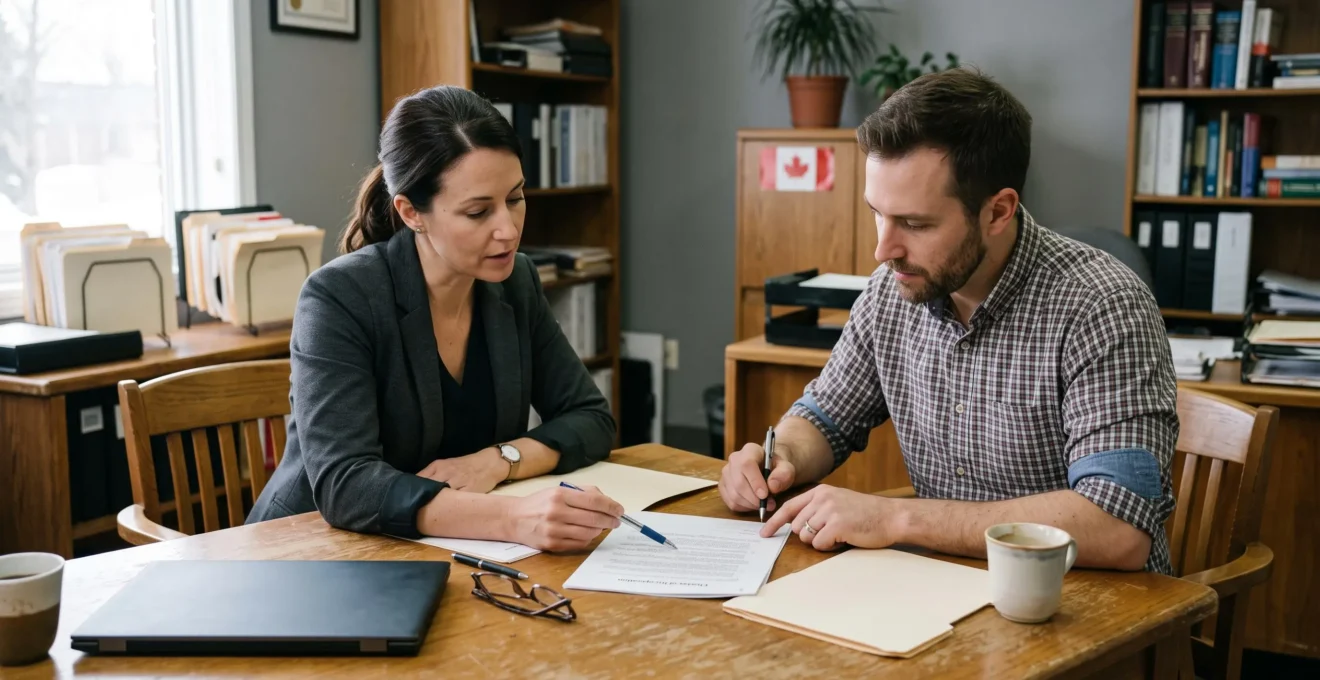 Un entrepreneur et une avocate examinent ensemble les statuts de constitution d'une société par actions dans un bureau.