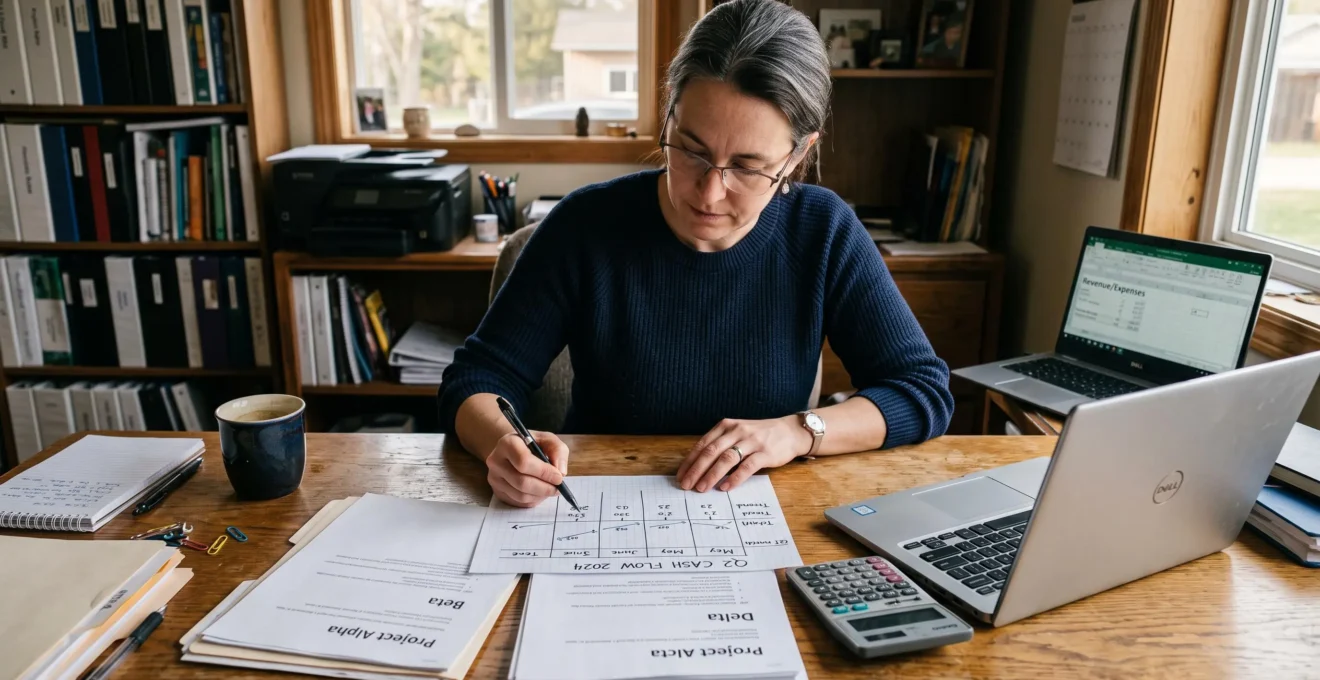 Une entrepreneure compare trois dossiers de projets d'investissement sur une table, un chronogramme de trésorerie dessiné à la main et un calculateur à portée de main.