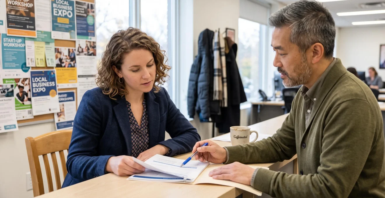 Une entrepreneure examine un plan d'affaires avec un conseiller au comptoir d'un organisme public d'aide aux entreprises au Canada.