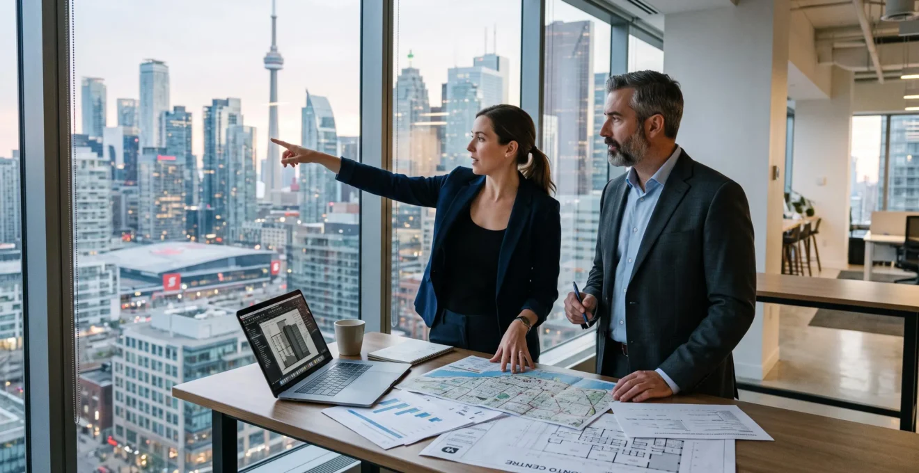 Une entrepreneure et un conseiller discutent devant une baie vitrée donnant sur les tours du centre-ville de Toronto, avec des documents et un ordinateur portable sur la table.
