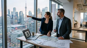 Une entrepreneure et un conseiller discutent devant une baie vitrée donnant sur les tours du centre-ville de Toronto, avec des documents et un ordinateur portable sur la table.