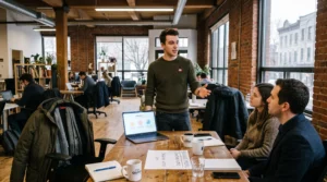 Une entrepreneure présente sa promesse commerciale à deux prospects attablés dans un espace de coworking montréalais