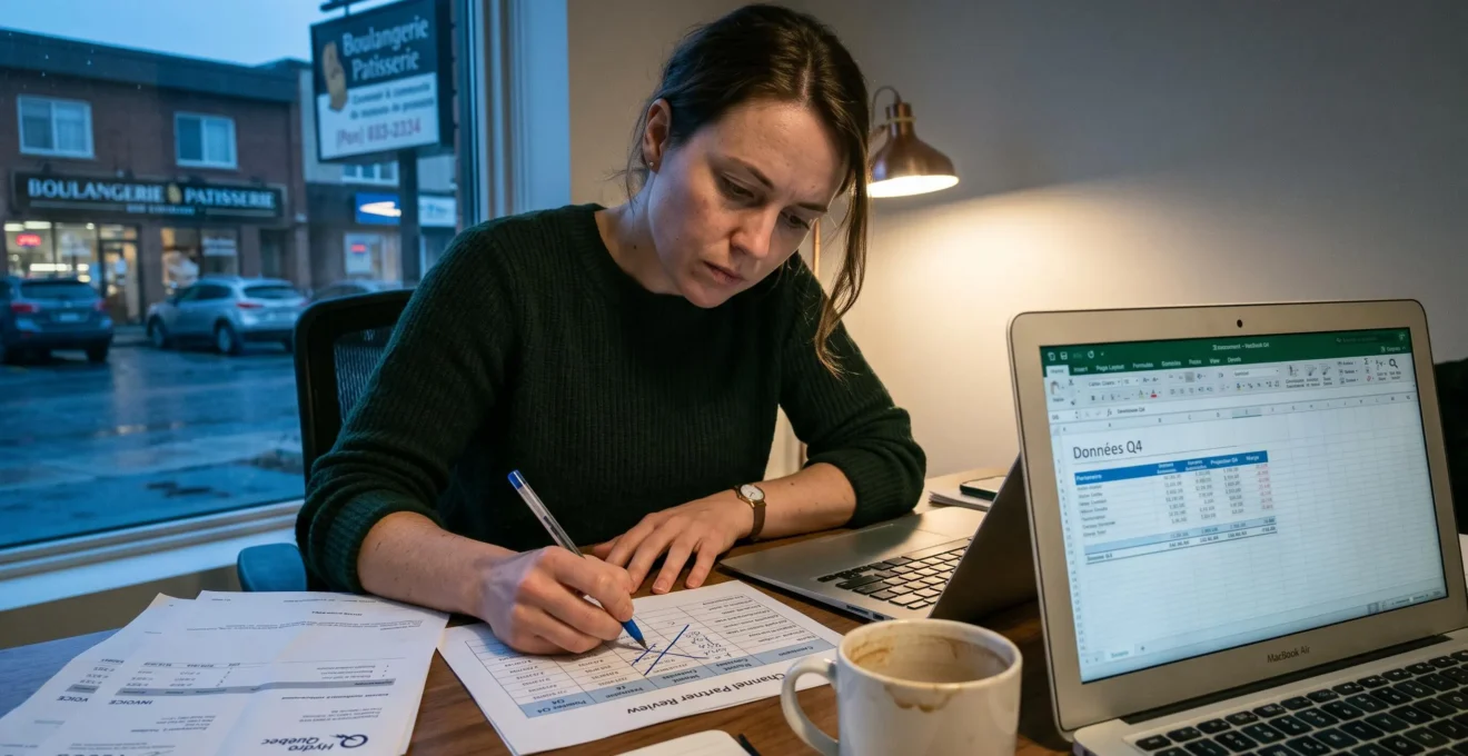 Une entrepreneure annotant un plan marketing imprimé à son bureau, comparant trois canaux sur son ordinateur portable dans un petit bureau au Canada.