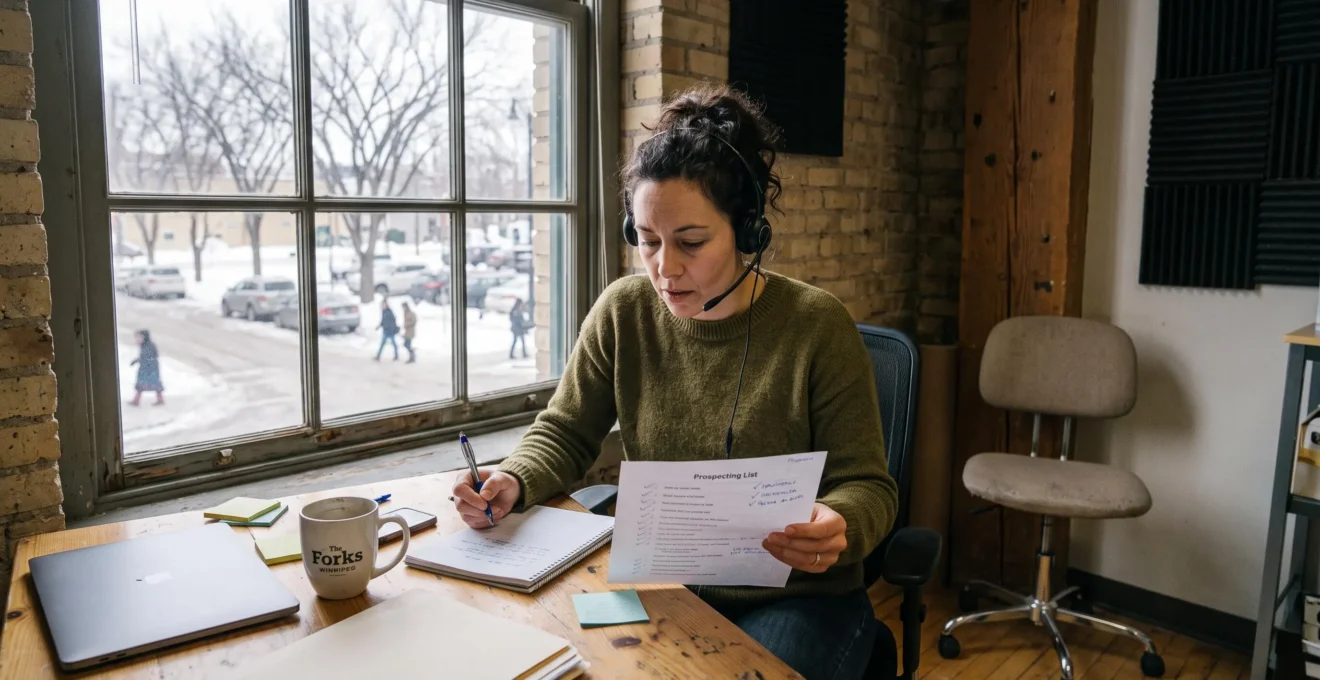 Une entrepreneure passe un appel de prospection manuelle à son bureau, une liste de contacts annotée à la main devant elle.