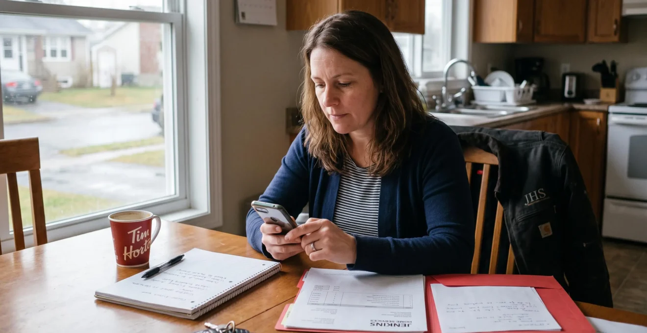 Une entrepreneure assise à sa table de cuisine répond à un message privé sur son téléphone, son carnet de notes et ses documents à côté d'elle.