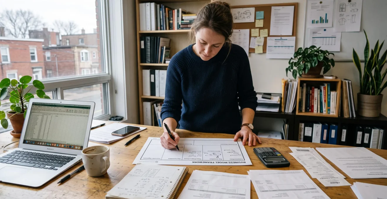 Une entrepreneure canadienne annote une page présentant son modèle d'affaires, entourée d'un calculateur, de factures et de notes manuscrites sur une table de travail.