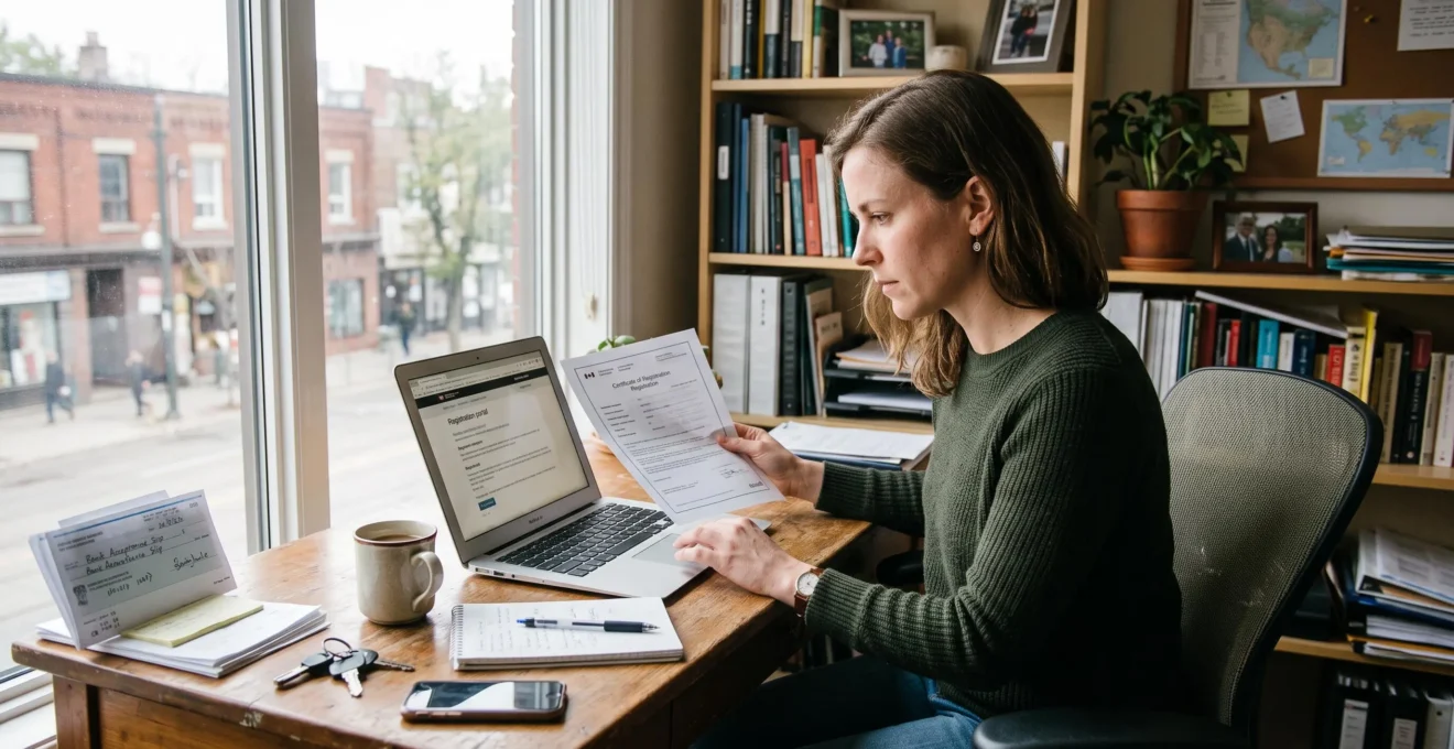 Une entrepreneure compare un certificat d'immatriculation imprimé avec les informations affichées sur son ordinateur portable dans son bureau.