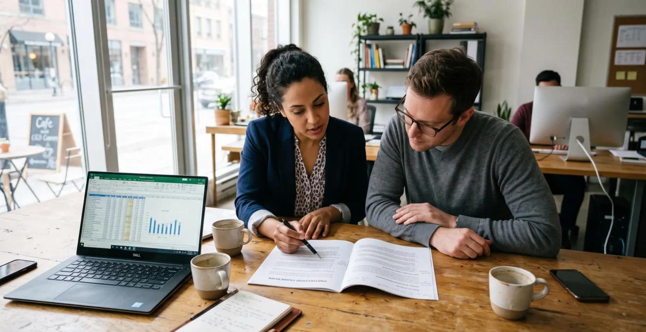 Deux entrepreneurs canadiens examinent ensemble un document de cadrage de partenariat posé sur une table de travail, l'un pointant une ligne avec un stylo.