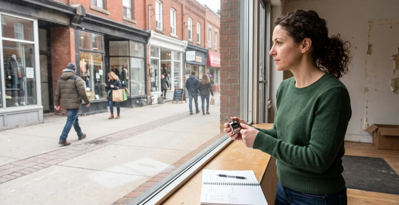Une entrepreneuse observe et compte le passage des piétons devant un local commercial dans une rue canadienne.