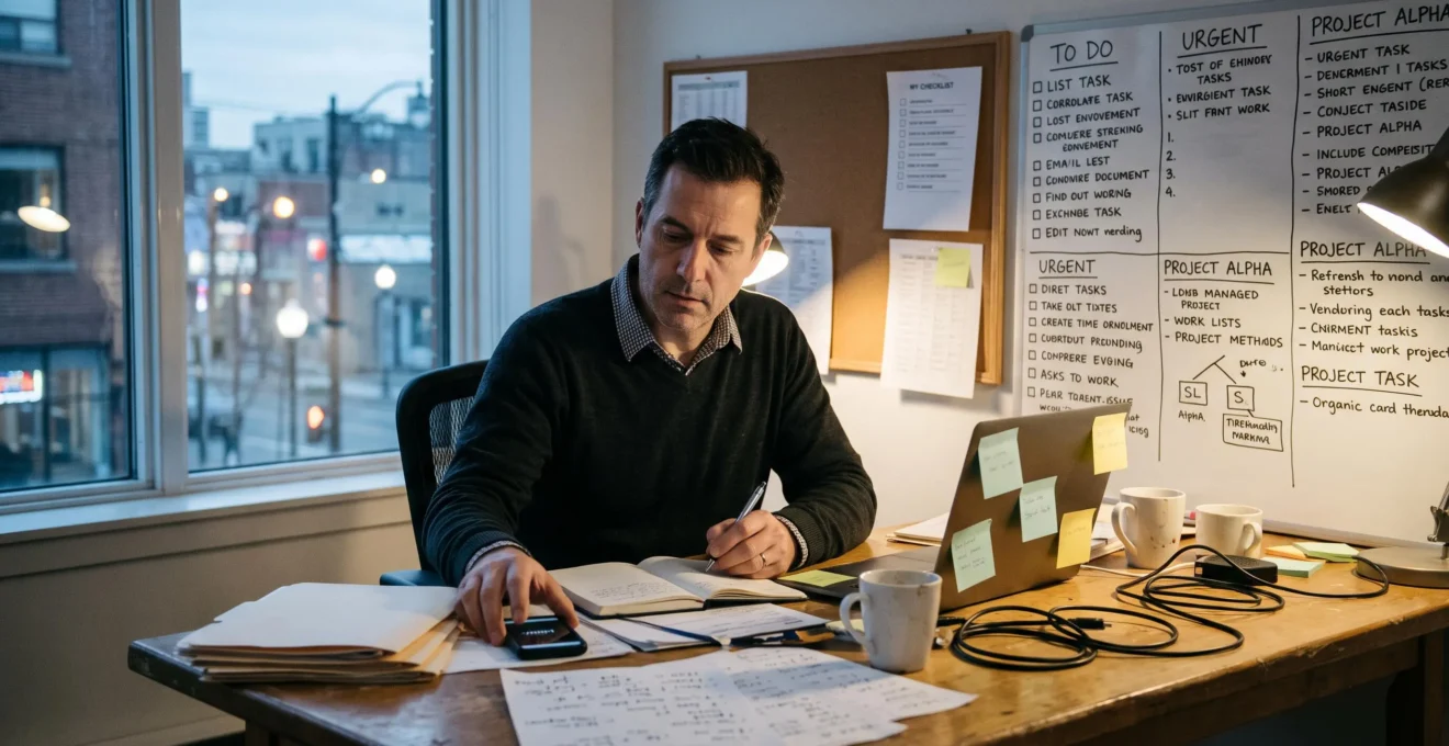 Un fondateur d'entreprise travaille seul devant un bureau encombré de dossiers et de notes dans un petit bureau le soir.