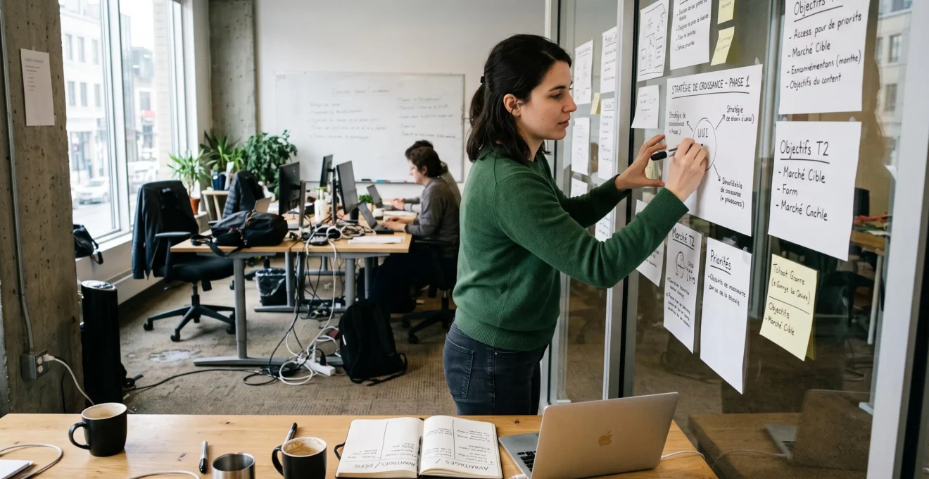 Une fondatrice écrit des notes sur une feuille fixée à une cloison vitrée dans un petit bureau de travail, avec un carnet comparatif posé sur une table en bois.