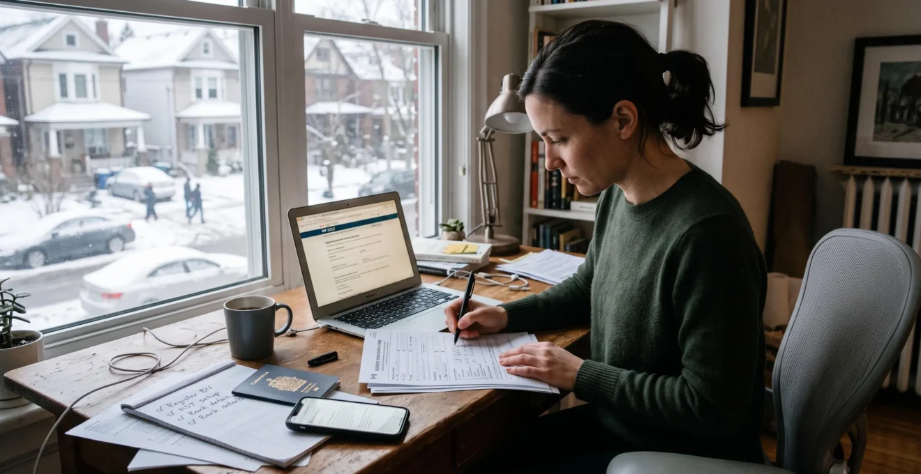 Une entrepreneure remplissant un formulaire d'immatriculation d'entreprise à son bureau, un ordinateur portable et des documents d'identité à côté, dans un bureau à domicile lumineux.