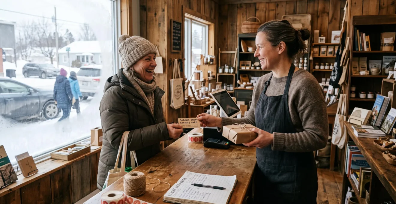 Une propriétaire de petite boutique remet un achat à une cliente qui revient, une carte de fidélité manuscrite posée sur le comptoir en bois.