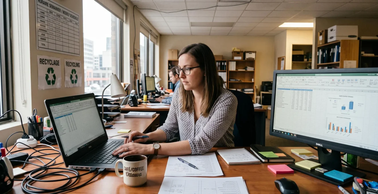 Une employée recopie manuellement des données d'un ordinateur portable vers un écran de bureau dans un petit bureau d'entreprise.